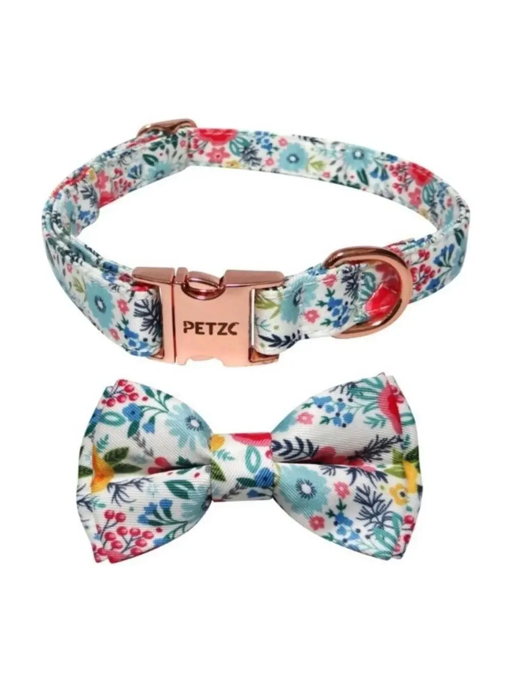 Dog Bow Tie Pet Collar, Blue Floral Metal Buckle Dog Collar, Adjustable Medium